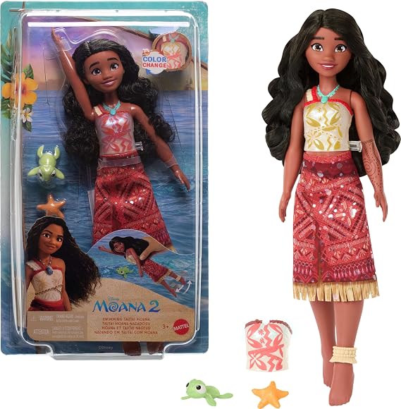 Mattel Disney Moana 2 Toys, Swimming Tautai Moana Fashion Doll with 2 Accessories, Color-Change Bodice & Kicking Legs, Inspired by the Movie, JFF08