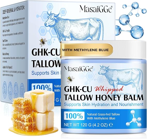 GHK-Cu Copper Peptide Tallow and Honey Balm, GHK-Cu Face Cream,Infused with Whipped Grass-Fed Tallow, Honey & Vitamin E, Face & Body Moisturizer for Dry, Sensitive, Aging Skin