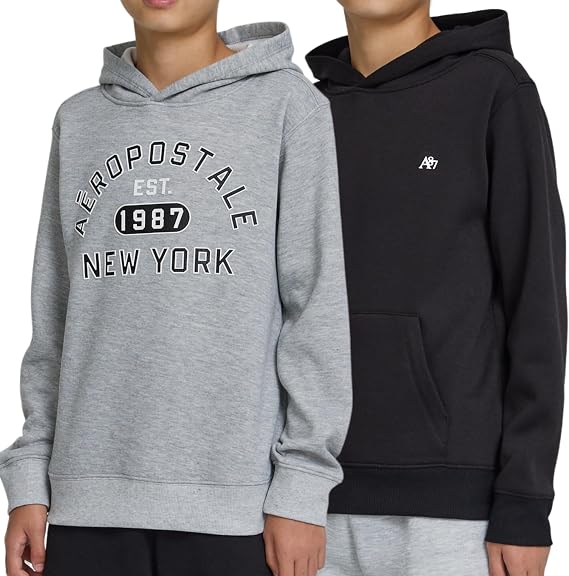 AEROPOSTALE Boys Hoodie 2-Pack, Premium Fleece Pullover Sweatshirts, 4-20 | Soft Fleece Fabric, Premium Hooded Sweatshirts, Kangaroo Pocket, Machine Washable, Everyday Comfort, 2-Pack Value