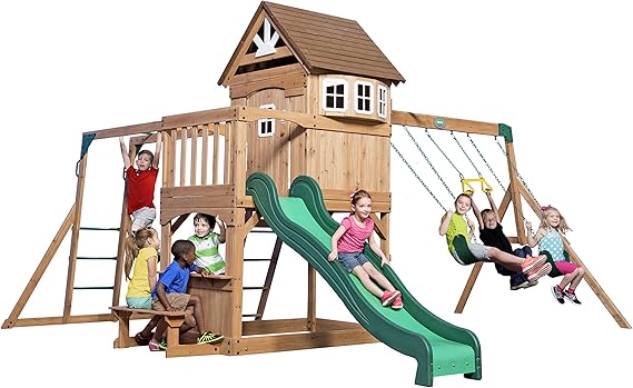 Backyard Discovery Montpelier Cedar Wood Swing Set, Wave Slide, Clubhouse, Monkey Bars, Picnic Area, Snack Bar, Belt Swings, Trapeze, Balcony, Playhouse, Working Door, Ladder, Outdoor Playset