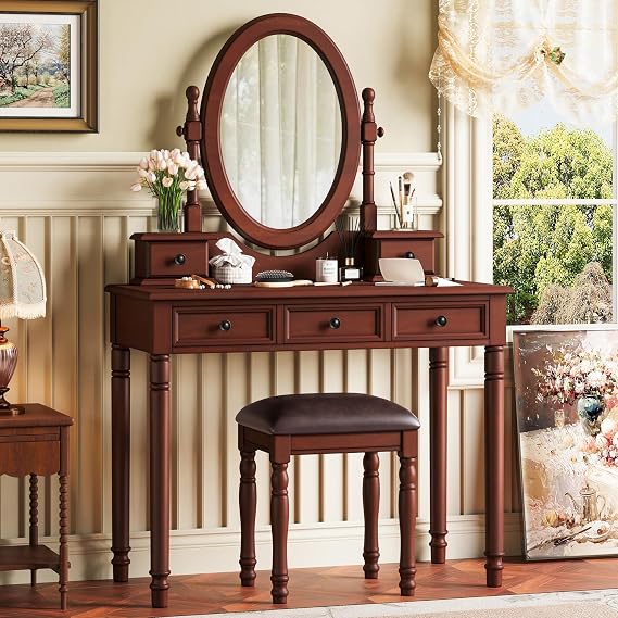 Vanity Desk with Adjustable Angle Mirror, Walnut Vintage Makeup Vanity with 5 Drawers and Cushioned Stool, Wooden Dressing Table Set for Bedroom