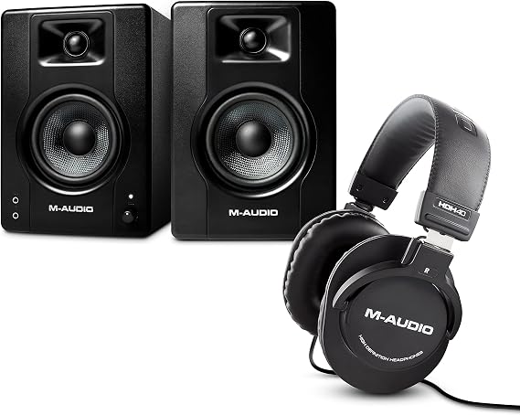 M-Audio Bundle - BX4 4.5" Studio Monitor Speakers and Over Ear Studio Headphones for Recording, Mixing and Streaming with Music Production Software