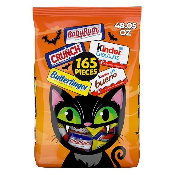Butterfinger, CRUNCH, 100 Grand, Baby Ruth, Kinder Bueno and Kinder Chocolate, Minis Assorted Halloween Candy Bag, 165 Count, 48.05 oz