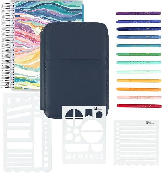 Erin Condren Undated Layers Colorful Coiled LifePlanner Bundle, Coiled Undated Planner with Layers Design, Dual-Tip Markers 12-Pack, Premium Planny Pack, and Planning Bookmark Stencils 3-Pack
