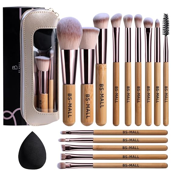 BS-MALL 14 Pcs Makeup Brushes Set with 1 Pcs Makeup Sponge Essential Foundation Powder Concealers, Eye Shadows, Blush Makeup Brushes with Travel Makeup Case (Bamboo)