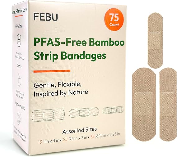FEBU PFAS Free Bamboo Fabric Bandages, 75 Count Strip