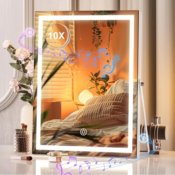 Hasipu Vanity Mirror with Lights and Bluetooth Speaker, 10.6" x 13.8" LED Makeup Mirror with 10X Magnification, Smart Touch 3 Colors Dimmable, Brightness Adjustment, 360 Rotation, White