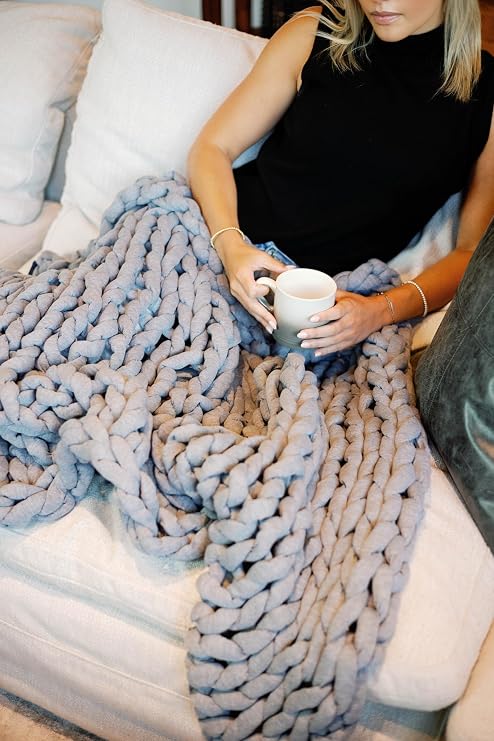 Original Knit Weighted Blanket- Breathable, Cooling, Hand Made Knit Throw Blanket for Sleep - Machine Washable, Stylish Design (Light Grey, Throw | 12lbs | 44"x60")