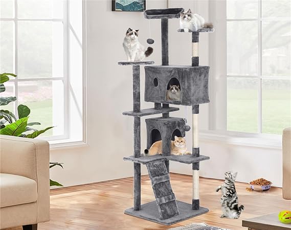 70 Inch Cat Tree for Indoor Cats - Multi-Level Tower With Scratching Post, Condo, Plush Perch, Dangling Ball - Heavy Duty for Large Cats, Ashy