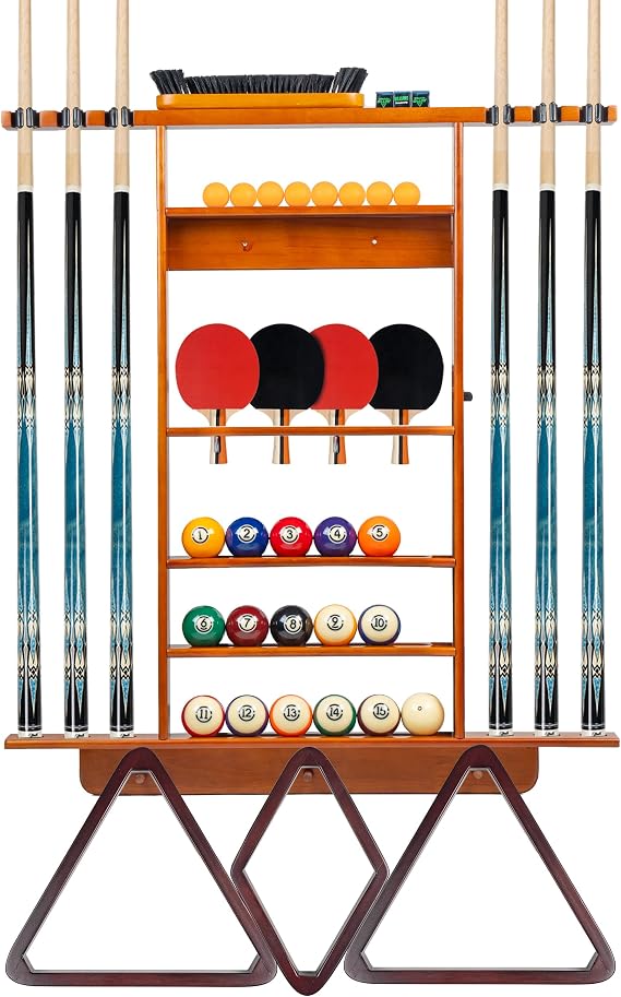 Billmart Wall Mount Pool Stick Holder, Solid Wood Billiard Pool Cue Rack | 2-in-1 Pool Stick & Ping Pong Paddle Holder Cue Rack with Storage for Pool Table Accessories, Amber