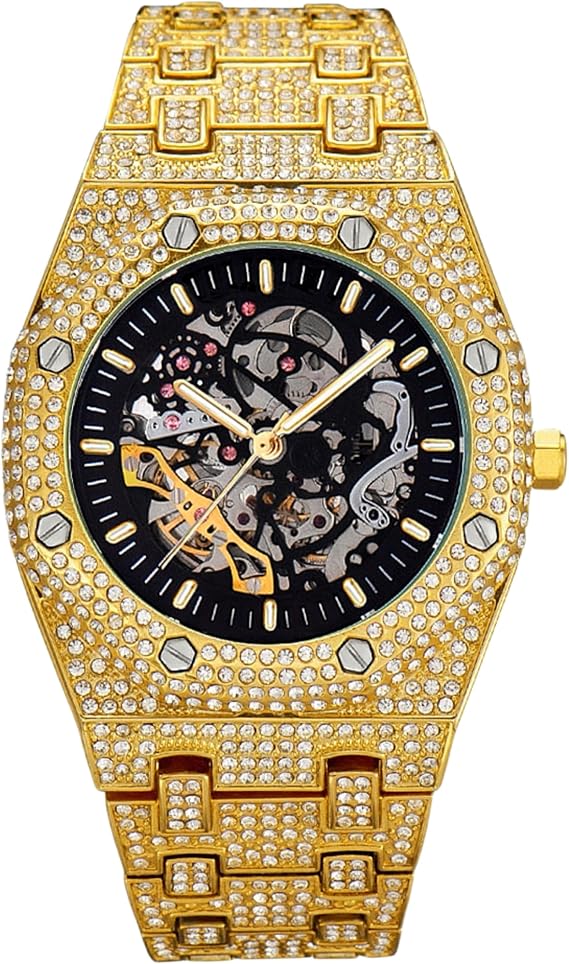 ICEDIAMOND 43MM Iced Out Openwork Mechanical Automatic Wrist Watch, Full Shiny CZ Diamond Hand-Winding Skeleton Dial Luxury Watch for Men