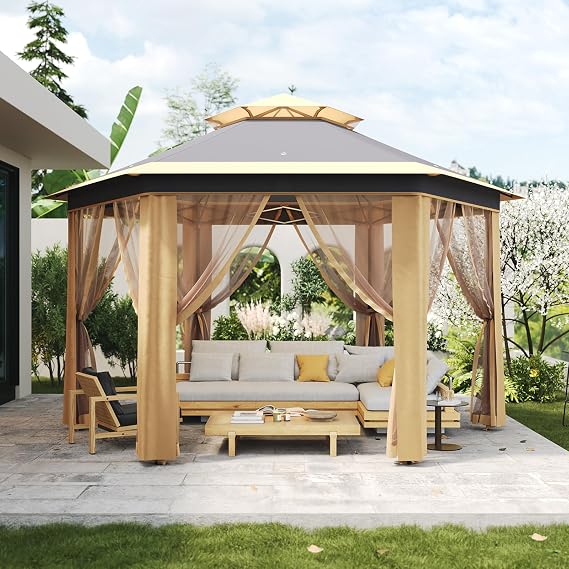 13' x 13' Pop-Up Gazebo, Hexagonal Canopy Shelter with 6 Zippered Mesh Netting, Event Tent with Strong Steel Frame for Backyard, Garden, Lawn, Khaki and Beige