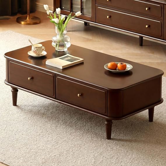 YESWOOD Solid Wood Coffee Table with Storage, 2 Drawer Centre Table with Classic Column Legs, Retro Coffee Table with Vintage Detailings for Living Room, Home Office(Poplar Wood, Walnut Finish)