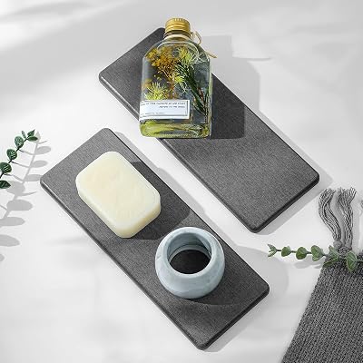2PCS Bathroom Trays, Water Absorbing Diatomite Stone Quick Drying Mat for Kitchen Counter, Dish Rack Soap Dispenser Sponge Holder Caddy Sink Vanity Organizer, Dark Gray Slate,9x3.5