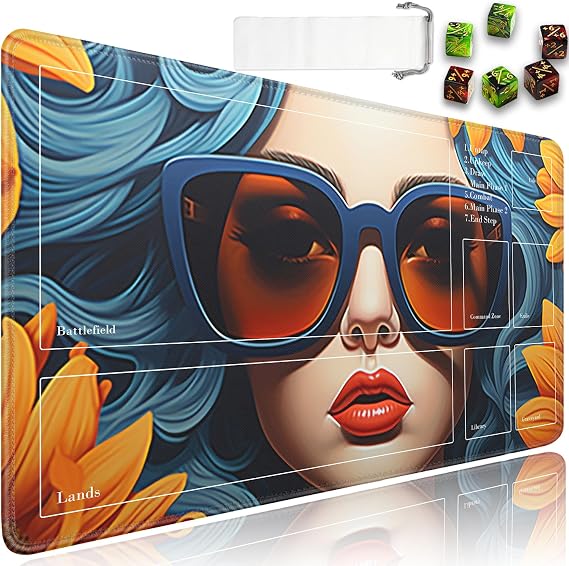 JVGFYNKL for TCG Playmat with Zones, 24x14 in Non-Slip Rubber for MTG Playmat with Drawstring Travel Pouch and 6 Dice, for MTG Mat, Sunglasses Girl Sunflowers Card Game Playmats