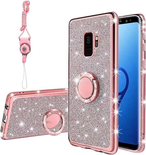 for Samsung Galaxy S9 Case, Galaxy S9 Case for Women Glitter Crystal Soft Stylish Clear TPU Luxury Cute Protective Cover with Kickstand Strap for Samsung Galaxy S9 Case (2018) (Glitter Rose)