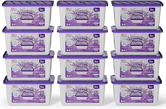 W&E Choice Moisture Absorbers with Lavender Scent, Portable Dehumidifier for Closet & Bathrooms, Kitchen, Humidity Absorber Odor Eliminator Absorber, 12Pack
