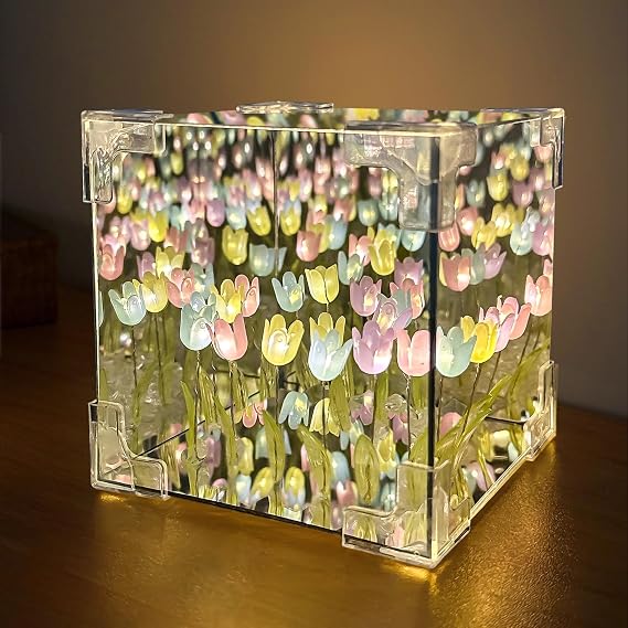 Tulip Night Light LED Infinity Mirror Lamp, Birthday Gifts for Women Mom, Tulipanes DIY Finished Poduct Decorations Lights Flower Lamp Bedside Table Lamp Home Decor Creative Gift (Multicolored)