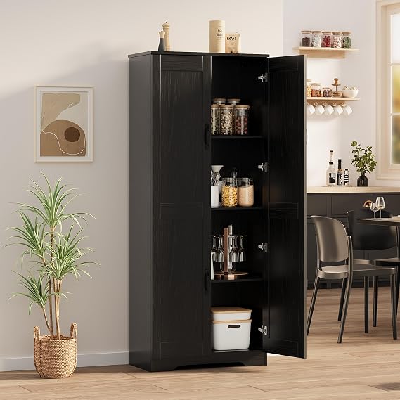 Tall Kitchen Cupboard, 4 Tiers Pantry Storage Cabinet with Adjustable Shelves, 2 Doors & Anti-tipping Kits, Modern Freestanding Wooden Sideboard Unit for Dining Living Room 60 x 30 x 152 cm Black