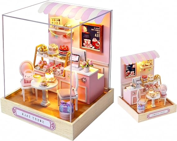 DIY Miniature House Kit, Mini Dollhouses, 3D Wooden Kit with LED and Dust Cover, Handmade Crafts for Children Teens Adults Friends Birthday Home Decor(Sweet)