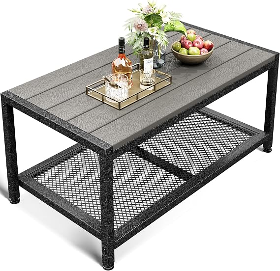 ODK Outdoor Coffee Table with Double-Layer Storage, Rectangle Weather-Resistant Patio Coffee Table for Garden, Balcony, Hot Tub, Poolside, Heavy-Duty Metal Frame, Grey