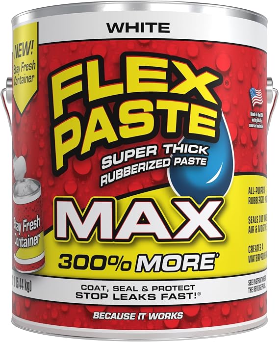 Flex Paste MAX, 12 lb Can, White, Waterproof Paintable Putty, Spackle Sealant, Fill Gaps Cracks Holes - Block Out Water and Air - UV Resistant - Walls, Drywall, EPDM, Concrete, Roof, RV Repairs