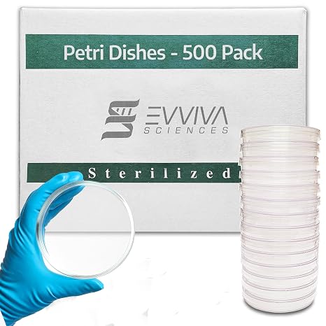Evviva Sciences Petri Dish 500 Pack 500 Petri Dishes 100 X 15mm Premium Performance 3 Vents to Reduce Condensation for Lab Research, Education, More