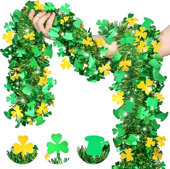 50FT St Patricks Day Garland Decor with Shamrock Hat,Gold Green Metallic Streamer Glittering Tinsel Shiny Twist Hanging Garland Decoration for Home Irish Party Supplies (50FT-St Patricks Day)