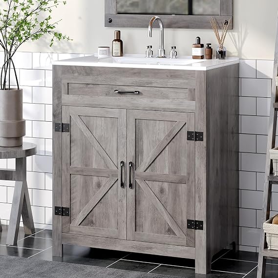 VINGLI 30" Farmhouse Bathroom Vanity with Sink, Undermount Vanity Sink Cabinet with Barn Door &Shelf,Free Standing Small Bathroom Storage Cabinet with 3 Holes Ceramic Basin Combo Set,Washed Gray