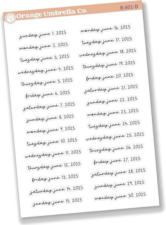 Dates of the Month Planner Stickers and Labels | FC17 Script| B-796-801-B (June)