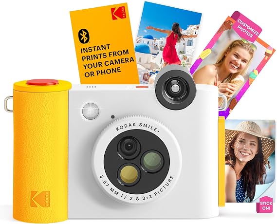 Kodak Smile+ 2-in-1 Digital Instant Camera & Wireless Bluetooth Photo Printer, 10MP, Special-Effect Rotating Lens, Zink 2x3 (5.1x7.5 cm) Sticky-Back Photos, Print via App from Smart Devices, White