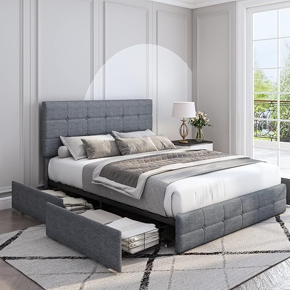 Upholstered Bed Frame with 4 Storage Drawers, Buttoned Tufted Headboard Design, Easy Assembly, Wooden Slats Support, No Box Spring Needed, Queen Size, Grey