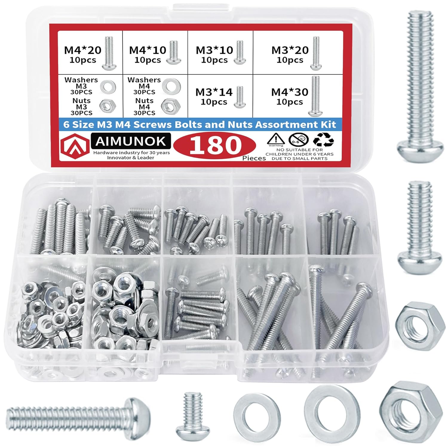 180PCS Nuts and Bolts Assortment Kit, Phillips Pan Head M3 M4 Carbon Steel Hardware Kit with Assorted Screws, Nuts, Bolts and Washers