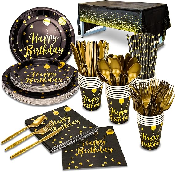 Disposable Party Dinnerware Set &Disposable Birthday Party Dinnerware Paper Plates Napkins Cups, Gold Plastic Forks Knives Spoons (Black/Gold)