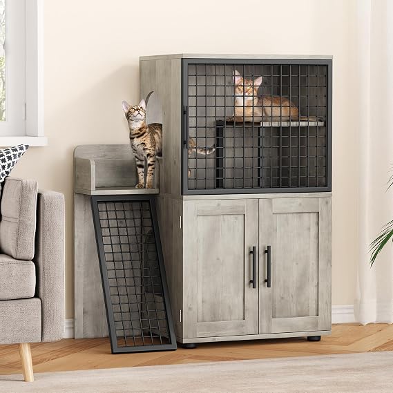 Modern Double Layer Cat Litter Box Enclosure with Resting Area and Ladder Stylish Furniture Cabinet to Hide Litter Box Odor Multi Functional Cat House for Indoor Cats