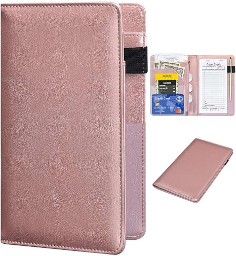 Server Books for Waitress - Leather Waiter Book Server Wallet with Zipper Pocket, Cute Waitress Book&Waitstaff Organizer with Money Pocket Fit Server Apron(Classic Rose Gold)