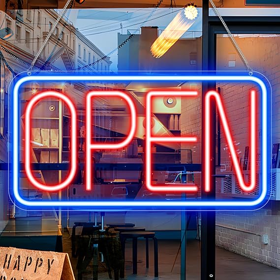 LED Neon Open Sign, 16.9" x 9.8" Light Up Open Sign for Business with USB Power, Dimmable LED Sign for Storefront, Bar, Restaurant, Shop, Window and Wall Decor(Blue&Red)