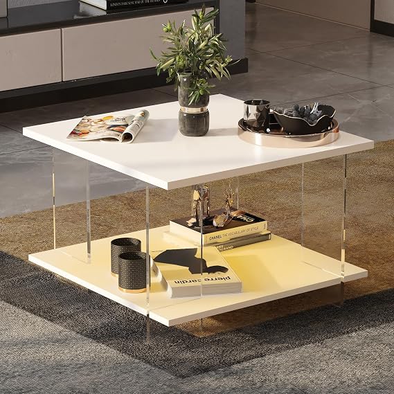 HedoAjim 24" Acrylic Coffee Table with White Wood Tabletop, Minimalist Stylish Modern Square Center Table for Living Room,Led Living Room Table with Storage Shelf & Acrylic Frame for Small Space