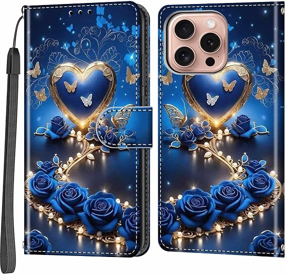 Case Wallet for iPhone 16 Pro, Blue Flower | Kickstand, 3 Card Holder, Shockproof TPU Interior Shell, PU Leather, Magnetic Flip Cover, Lanyard Strap