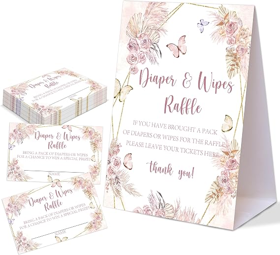 Boho Floral Themed Baby Shower Games, Diaper & Wipes Raffle, Pack of 1 Tabletop Sign and 50 Diaper Raffle Tickets, Butterfly Baby Shower Decorations, Gender Reveal Party Supplies