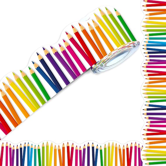 60 Feet Bulletin Board Borders, Scalloped Rolled Border Trim with Pencil Patterns for School, Classroom & Offices