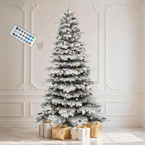 DWVO 9ft Prelit Snow Flocked Christmas Tree with LED & Pine Cones | 820 LED Lights, 80 Pine Cones, 1818 Metal Hinged Branch Tips, w/ Metal Stand for Home Party Decoration