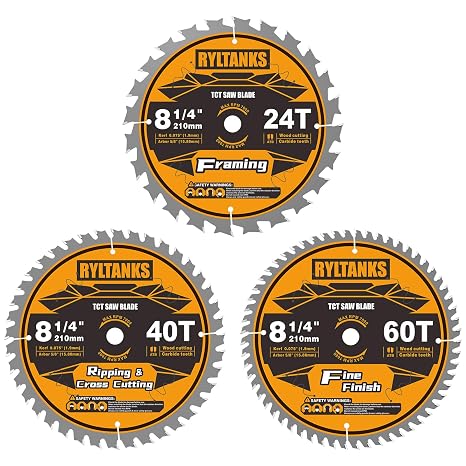 8-1/4 Inch Table Saw Blade/Circular Saw Blade, 5/8" Arbor, 24T for Framing&40T for Ripping, Cross Cutting&60T for Fine Finish Wood Cutting, 3-Pack