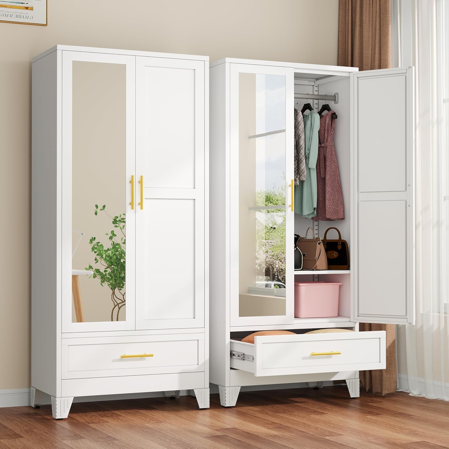 Metal Armoire Wardrobe Closet with Drawer, 71 Wardrobe Cabinet with Adjustable Shelves and Hanging Rod, Clothing Storage Cabinet Closet with Mirror for Bedroom-White