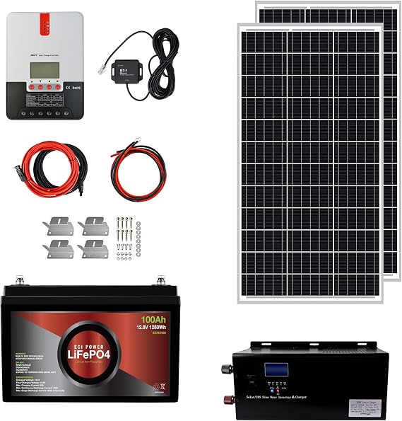 1.3KWH 12V Solar Power System Kit | LiFePO4 12V 100Ah, 200W Mono Solar Panels, 20A MPPT Solar Charge Controller, 2KW Pure Sine Wave Inverter Charger | RV, Trailer, Camper, Marine, Off Grid