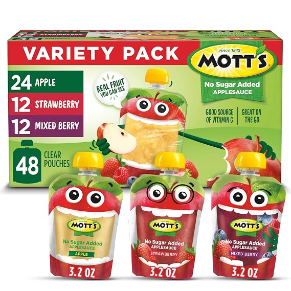 Motts No Sugar Added Applesauce Variety Pack, 3.2 oz Clear Pouches, 48 Count (4 Packs of 12)