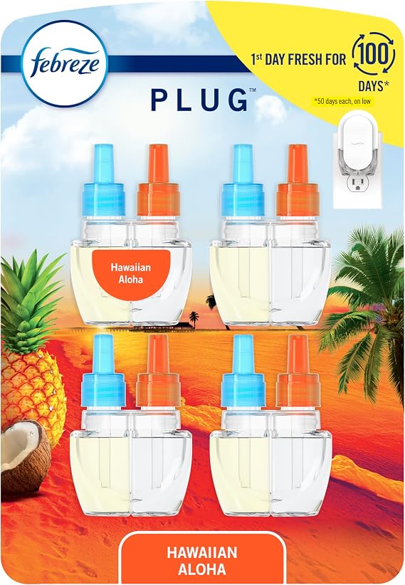 Febreze Plug in Air Freshener, Odor-Fighting Scented Oil Refill, Air Fresheners for Home and Bathroom and Kitchen, Long Lasting for Strong Odors, Hawaiian Aloha Scent, 0.87oz Refills, 4 Count