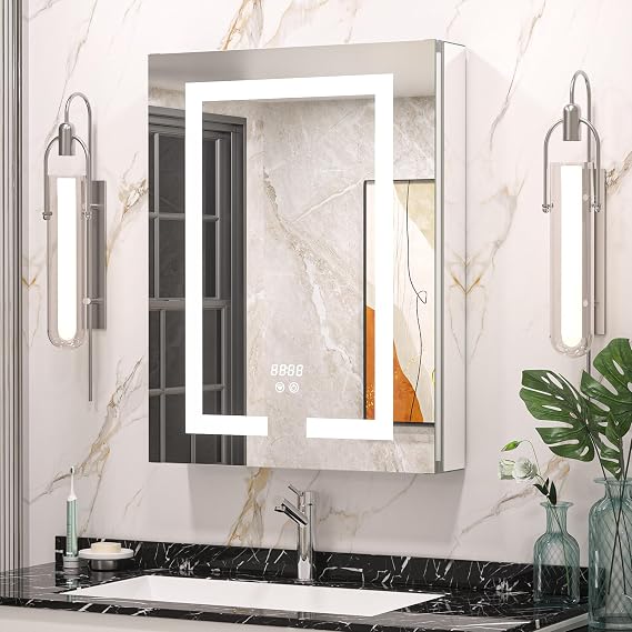 Keonjinn 20.1 x 25.9 Inch LED Medicine Cabinet with Mirror Surface Mount or Recessed, 3 Color Dimmable Frontlit Lighted Medicine Cabinet with Lights, Tempered Glass 2-Side Mirror with Storage