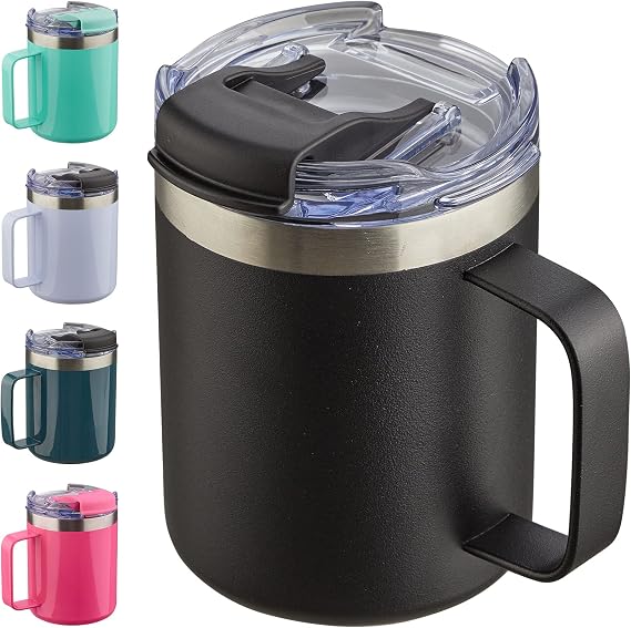 12oz Insulated Travel Coffee Mug with Handle, Black | Stainless Steel Coffee Tumbler with Lid, Double Wall Vacuum Thermal Cup for Camping