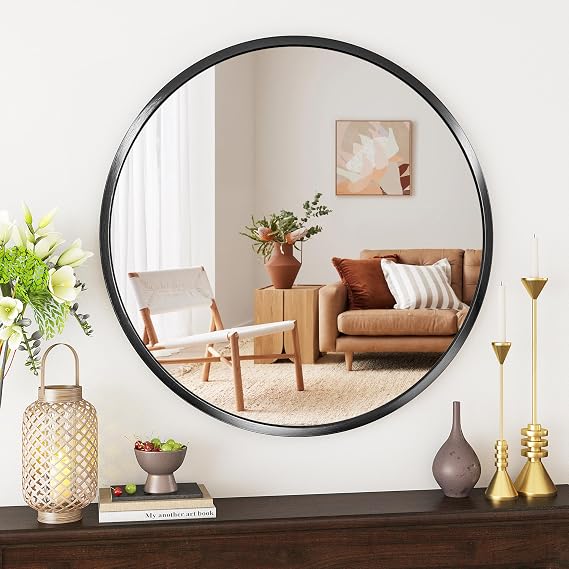 Round Wall Mirror, 80 cm Bathroom Mirror with Aluminium Alloy Frame for Bathroom, Living Room, Bedroom, Hallway, Black
